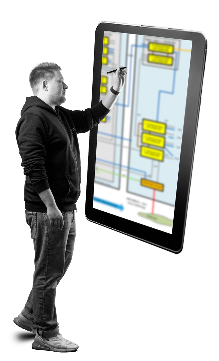 Bild eines jungen Mannes, der eine Skizze auf einem Tablet bearbeitet.
